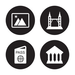 4 vector icon set : Photo, Passport, Petronas towers, Parthenon isolated on black background