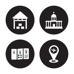 Obraz premium 4 vector icon set : Warehouse, Travel guide, Vatican, isolated on black background