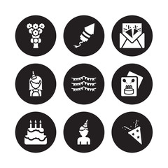 9 vector icon set : Bouquet, birthday rocket, Birthday cake, card, Flag, invitation, girl, boy isolated on black background