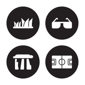 4 Vector Icon Set : Sydney Opera House, Stonehenge, Sunglasses, Stadium Isolated On Black Background