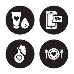 4 vector icon set : Makeup, Love Potion, love Smartphone, Plate isolated on black background