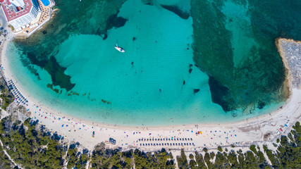 Colonia Sant Jordi, Mallorca Spain. Amazing drone aerial landscape of the charming Estanys beach