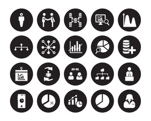 20 vector icon set : Debt, Chart pie, Charts, Circular chart, graphic of mobile, Data wave, analysis pie Consulting, Dashboard isolated on black background