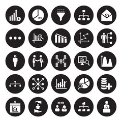 25 vector icon set : Growth, Connected data, Consulting, Customer, Dashboard, Department Head, Database Analysing, Data analytics, analytics flow, Dot isolated on black background.