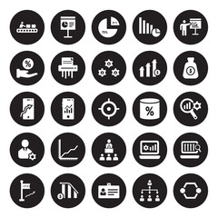 25 vector icon set : Production, Hierarchy, Id card, Increasing stocks, Ipo, Money, Merge charts, Leadership, Management, Percentage, Polygonal chart, Presentation isolated on black background.