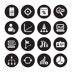 16 vector icon set : Mobile analytics, Growth, Hexagonal Interconnections, Hierarchy, Id card, Graph pie, Management, Laptop Profits Graphics, Leadership isolated on black background