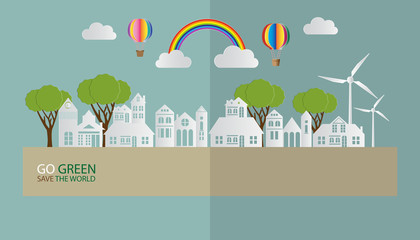 Paper art of landscape with Eco city and nature, Environmentally friendly world.  Vector illustration