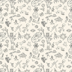 seamless pattern childrens drawings on space theme, science and the appearance of life on earth, Doodle style