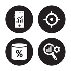 4 vector icon set : Mobile analytics, Merge charts, Mission, market Research isolated on black background