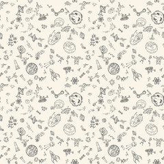 seamless pattern childrens_2_drawings on space theme, science and the appearance of life on earth, Doodle style