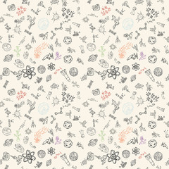 seamless pattern childrens_4_drawings on space theme, science and the appearance of life on earth, Doodle style