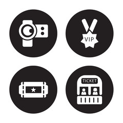 Fototapeta premium 4 vector icon set : camera lens, Buy Tickets Online, Vip person, box office isolated on black background