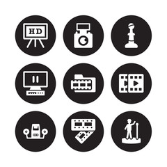 9 vector icon set : Hd, Handicam, Film viewer, filmstrip, footage, Golden globe, freeze frame, strip isolated on black background