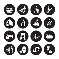 16 vector icon set : Washing clothes, Tap, Dish soap, Dusting, Cleaning tools, Cream, Housekeeping, Hand Dust pan isolated on black background