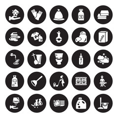25 vector icon set : clean-living, Detergent, Dishes, Garbage, Hand dryer, baking soda, Spray, Mop, Shampoo, scrub brush, trash bag, sanitize isolated on black background.