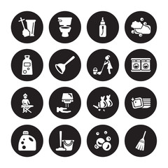 16 vector icon set : Toilet brush, Bubbles, Cleaning, Detergent, Dishes, Broom, Shampoo, Ironing, Mop isolated on black background