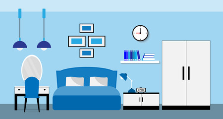 Flat design of blue bedroom interior. Vector illustration