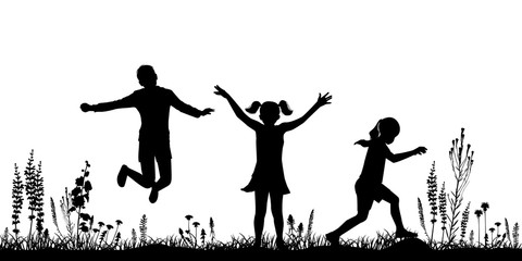 Children walk in the meadow, in nature. Silhouettes of kids, vector. Summer concept.