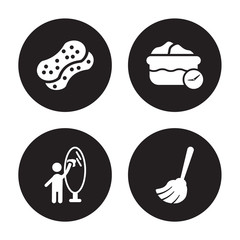 4 vector icon set : Sponges, Glass cleaning, Water soak, Floor mop isolated on black background