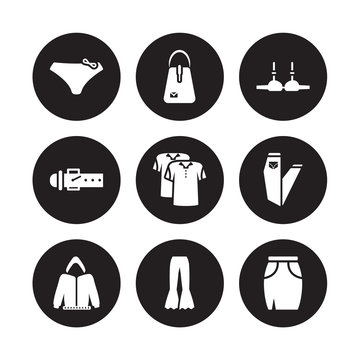 9 vector icon set : Panties, Hand bag, Hoodie, Jeans, Polo Shirt, Bra, Belt, Trousers isolated on black background