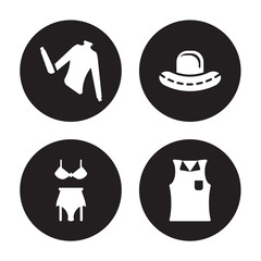 4 vector icon set : Turtleneck, Lingerie, Bowler hat, Sleeveless Shirt isolated on black background
