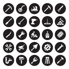 25 vector icon set : Pick axe, Ladder, Paint brush, roller, Pipe, Brick hammer, Circuit Breaker, Trowel, Wrench, Digging bar, Jack plane, Measuring wheel isolated on black background. - 240201311