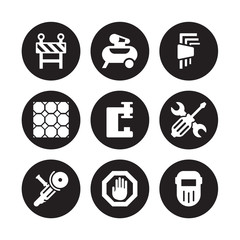 9 vector icon set : Barrier, Air compressor, Angle grinder, Screwdrivers, Vise, Hex key, Paver, Stopping isolated on black background