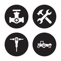 4 vector icon set : Gas pipe, Jackhammer, Spanner, Scraper isolated on black background