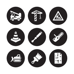 9 vector icon set : Crane truck, Crane, Bulldozer, Chainsaw, Chisel, Construction, Cone, Brush isolated on black background