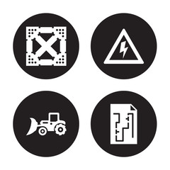 4 vector icon set : Joist, Loader, High voltage, Construction plan isolated on black background