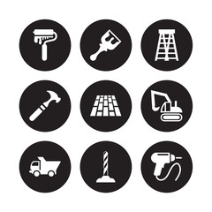 9 vector icon set : Paint roller, brush, Dump truck, Excavator, Floor, Ladder, Hammer, Driller isolated on black background
