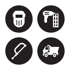 4 vector icon set : Welding, Hacksaw, Nail gun, Tipper isolated on black background