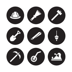 9 vector icon set : Safety helmet, Scratcher tool, Pick axe, Plumb bob, Wedge Sledge hammer, Spade Measuring wheel isolated on black background