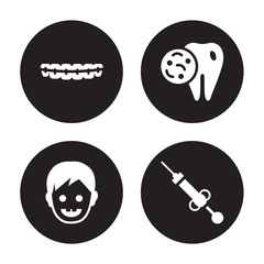 4 vector icon set : Braces, Baby dental, Bacteria in mouth, Anesthesia isolated on black background