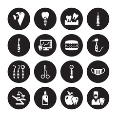16 vector icon set : Filler, Dentist Apple, bottle with liquid, chair, mask, dentist, Electric toothbrush, tools, Denture isolated on black background