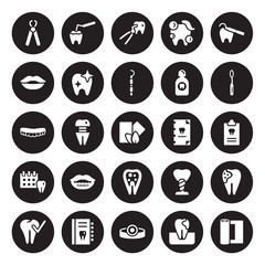 25 vector icon set : Tooth pliers, Gum, Headlamp, Health report, Healthy tooth, Mouth Mirror, Medical record, Inner Tooth, appointment, Smiling isolated on black background.