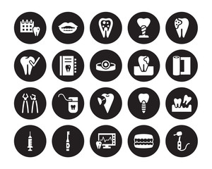 20 vector icon set : Medical appointment, Denture, Ekg monitor, Electric toothbrush, Empty syringe, Holed Tooth, Gum, Filler, Forceps of dentist tools, Health report isolated on black background