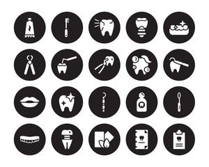 20 vector icon set : Toothpaste, Medical record, Mint gum, Molar crown, Mouth, Tooth whitening, cleaning, Periodontal scaler, Smiling, filling isolated on black background