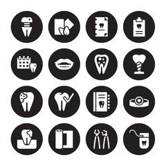 16 vector icon set : Molar crown, Forceps of dentist tools, Gauze, Gum, Headlamp, Floss, Medical appointment, Holed Tooth, Inner Tooth isolated on black background