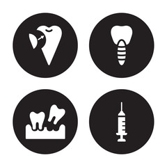 4 vector icon set : Filler, Extraction, Fake Tooth, Empty syringe isolated on black background