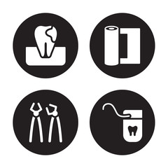 4 vector icon set : Gum, Forceps of dentist tools, Gauze, Floss isolated on black background