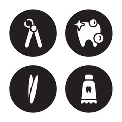4 vector icon set : Wisdom tooth, Tweezers, White teeth, Toothpaste tube isolated on black background