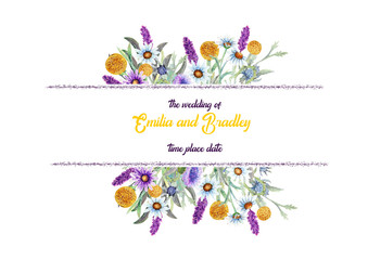 Wedding frame of wild flowers. Waterclor. Flower arrangement. Greeting card template design. Invitation background.
