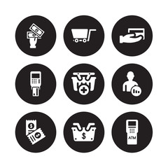 9 vector icon set : Cash, Cart, Bills, Broker, Buy, Card payment, machine, Basket isolated on black background