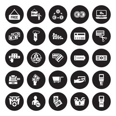 25 vector icon set : Free, Basket, Bills, Broker, Buy, Cut card, Coupon, Cart, Cash register, Dollar bill, Exchange rate, Financial presentation isolated on black background.