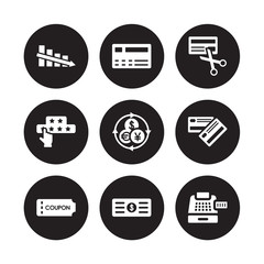 9 vector icon set : Decrease, Cit card, Coupon, Currency, Cut Customer review, Cheque isolated on black background