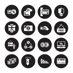 16 vector icon set : Loyalty card, Decrease, Discount, Dollar bill, Ecommerce, Cit Giftbox, Financial presentation, Get money isolated on black background