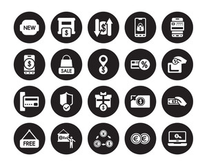 20 vector icon set : New, Euro, Exchange rate, Financial presentation, Free, Mobile payment, Loyalty card, Giftbox, Insert Merchandise, Money transfer isolated on black background
