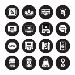 16 vector icon set : Percent, Merchandise, Mobile money, payment, shopping, Map pointer, Pay, New, Online payment isolated on black background