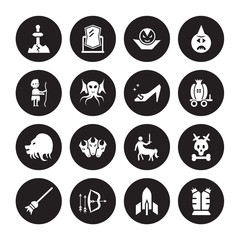 16 vector icon set : Excalibur, Atomic bomb, Bow and arrow, Broomstick, Caribbean, Armor, Curupira, Chimera, Cinderella shoe isolated on black background